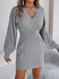 Fall Winter Solid Lantern Sleeve Hollow Slim Sweater Dress