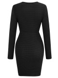Elegant Ruched Round Neck Solid Long Sleeve Bodycon Dress