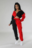 Colorblock Fleece Pocket Hooded Casual Tracksuit Sports 2PCS Pants Set
