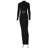 Fashion PU Leather Belted Long Sleeve Bodycon Maxi Dress