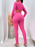 Hot Pink Sexy O-ring Hollow Out Long Sleeve Crop Top Pants Tight 2PCS Set