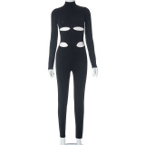 Black Sexy Cutout High Neck Long Sleeve Fitted Jumpsuit