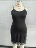 Sexy Plus Size Black Cami Lace Trim Night Dress