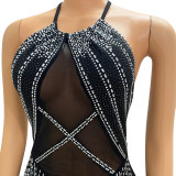 Sexy Halter Mesh Patchwork Beaded Low Back Club Dress