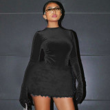 Trendy Round Neck Velvet Long Sleeve Bodysuit Fitted Plush Skirt 2PCS Set