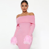 Pink Off Shoulder Ribbed Bodycon Dress with Fur Cuff