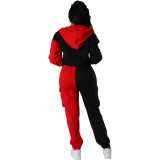Colorblock Fleece Pocket Hooded Casual Tracksuit Sports 2PCS Pants Set