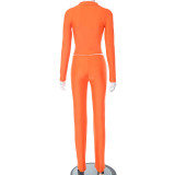 Orange Contrast Zipper Long Sleeve Top and Pants Casual 2PCS Set