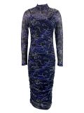 Sexy See-Through Printed Mesh Long Sleeve Two Piece Cami Dress