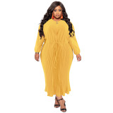 Plus Size Solid Round Neck Zip Up Long Sleeve Pleated Long Dress