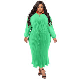 Plus Size Solid Round Neck Zip Up Long Sleeve Pleated Long Dress