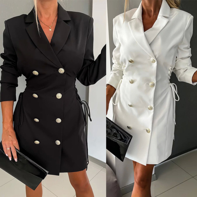 Solid Lace-up Long Sleeve Double Breasted Slim Waist Blazer Dress