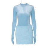 Trendy Round Neck Velvet Long Sleeve Bodysuit Fitted Plush Skirt 2PCS Set