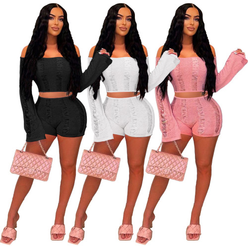 Sexy Off Shoulder Backless Long Sleeve Top + Shorts Knitted Two-Piece Set