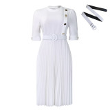 African Solid Chic Half Sleeve Button Pleated Dress with Belt