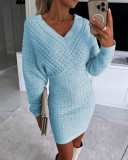 Solid V Neck Long Sleeve Chic Kintted Dress