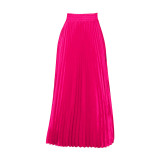 Solid Elastic High Wasit Pleated Long Skirt