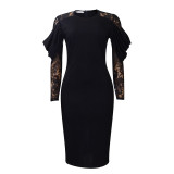 African Lace Splicing Long Sleeve Office Dress