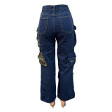 Fashion Camo Patch Pockets Loose Denim Pants