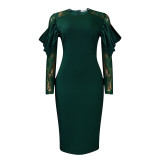 African Lace Splicing Long Sleeve Office Dress