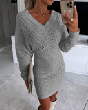 Solid V Neck Long Sleeve Chic Kintted Dress