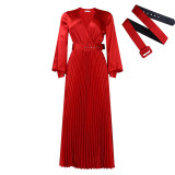 Solid V Neck Bishop Sleeve High Waist Belted Pleated Maxi Dress