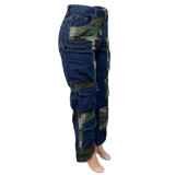 Fashion Camo Patch Pockets Loose Denim Pants