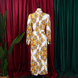 Printed Long Sleeve Tie Waist Maxi Pleated Dress