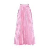 Solid Elastic High Wasit Pleated Long Skirt