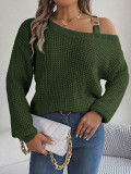 Casual Metal Strap Cold Shoulder Balloon Sleeve Pullover Sweater Jumper