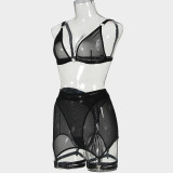 Black See-Through Mesh Lace-Up Sexy Lingerie Set