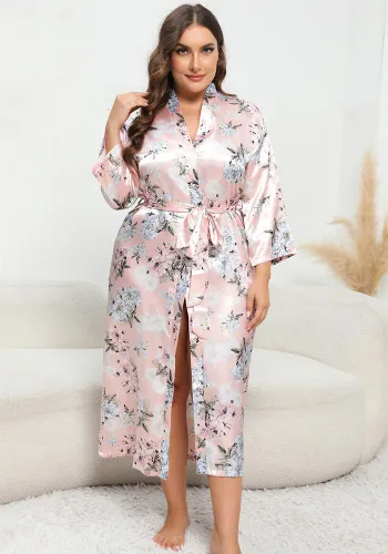 Plus Size Long Sleeve Printed Satin Night Robe