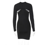 Solid Black Hollow Out Cold Shoulder Mini Lingerie Dress