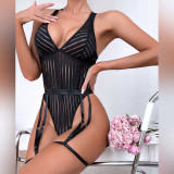 Striped See-Through Backless Garter Sexy Teddy Lingerie