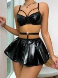 Sexy Black PU Leather Two Piece Lingerie Set