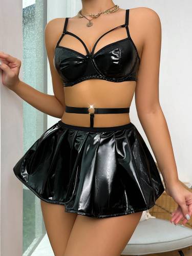 Sexy Black PU Leather Two Piece Lingerie Set