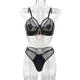 PU-Leather Mesh Patchwork See-Through Chain Sexy Lingerie Set