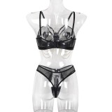 PU-Leather Mesh Patchwork See-Through Chain Sexy Lingerie Set