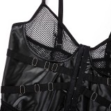 Black PU-Leather Mesh Patchwork Teddy Sexy Lingerie