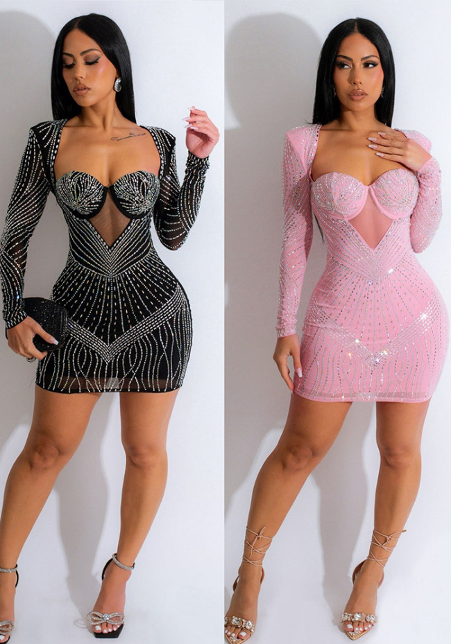 Sexy Long Sleeve Rhinestone Low Back Hollow Out Bodycon Dress