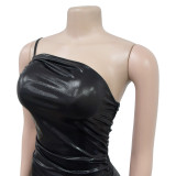 Fashion Metallic Sexy Slash Shoulder Ruched Bodycon Dress