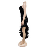 Solid Black Strapless Sequin Feather Hem Irregular Party Dress