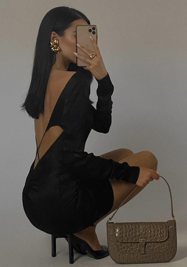 Long Sleeve Black Sexy Low Back Bodycon Dress