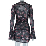 Floral Print Mesh Tight Bell Bottom Long Sleeve Cutout Bodycon Dress