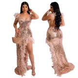 Sexy Feather Trim Cami High Slit Sequin Backless V-Neck Party Maxi Dress