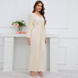 Casual Solid V-Neck Long Sleeve Straight Leg Jumpsuit with Belt