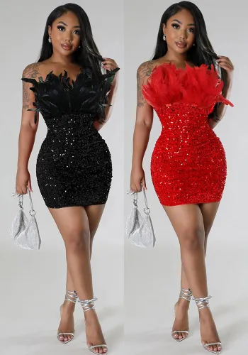 Sexy Feather Trim Strapless Sequin Mini Bodycon Dress