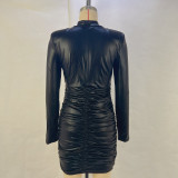 Sexy PU Leather Dress Slim Fit Ruched Long Sleeve Bodycon Dress