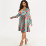 Print Sexy V-neck Long Sleeve Floral Pleated Dress