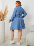 Blue Turndown Collar Lace-Up Long Sleeve Casual Dress